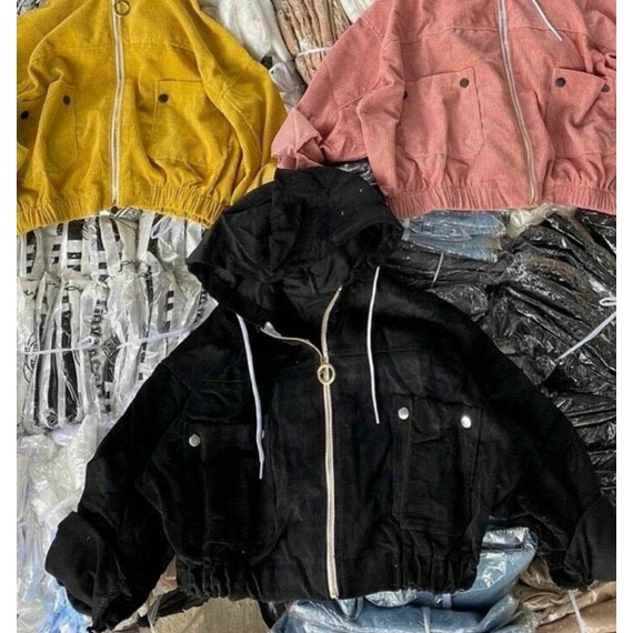 Áo khoác croptop nữ  BEBONGSTORE chất nhung tăm phối túi hộp 2 bên phong cách mới