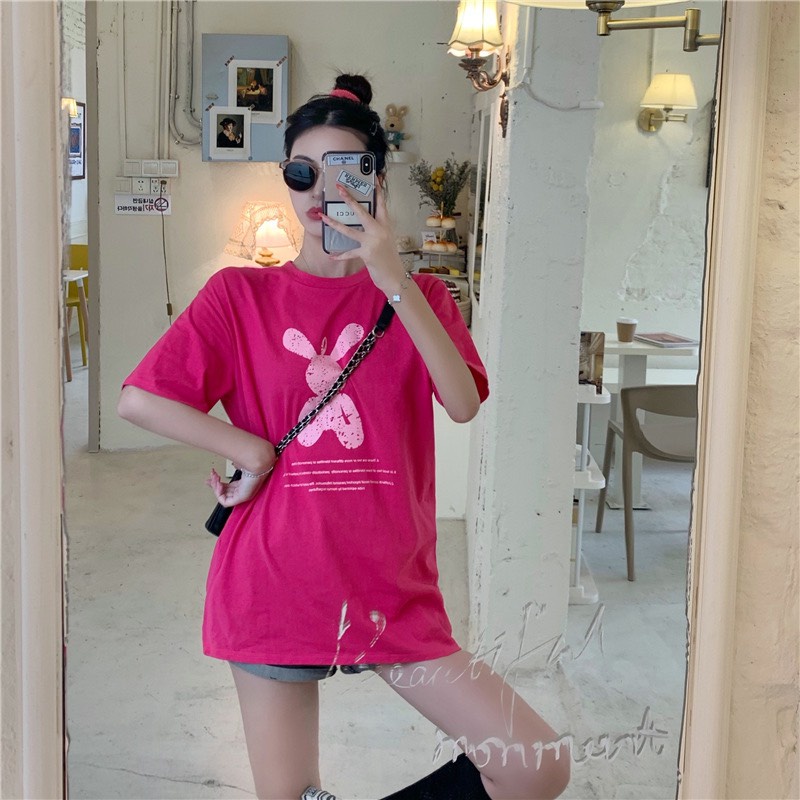 Áo thun thỏ hồng form rộng tay lỡ, áo phông in hình siêu cute