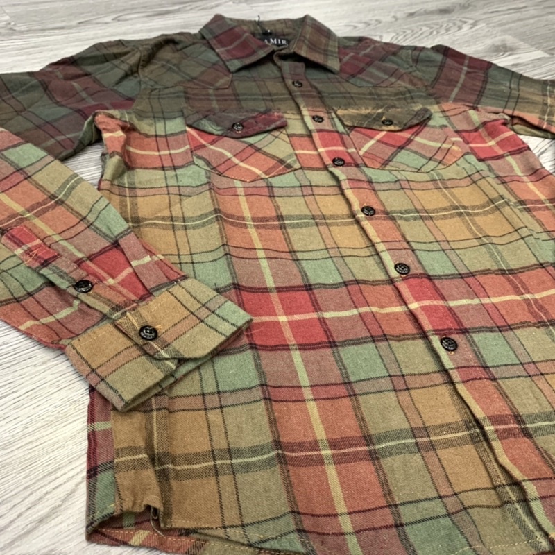 Áo sơ mi kiểu nam nữ Amiri dài tay kẻ đỏ xanh/ nâu nhúng pha màu đen nhạt chất cotton dày dặn cao cấp SM26P