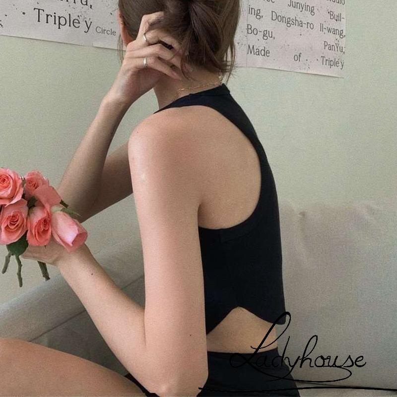 LDD-Women Bodycon Camisole, Solid Color Round Neck Sleeveless Cropped Tank Tops, White/ Black