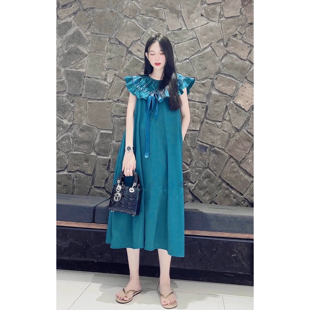 Váy suông cổ bèo chất trượt Hàn dáng suông dễ mặc, bầu bí thoải mái