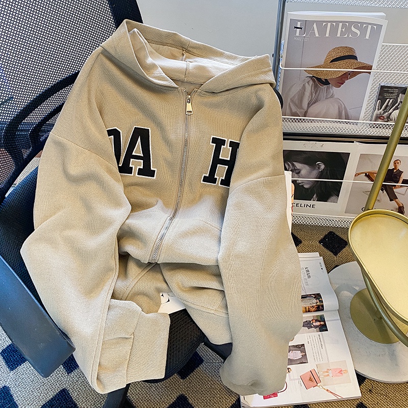 Áo Khoác Hoodie Tay Dài Dáng Rộng Thêu Họa Tiết Xinh Xắn Dễ Phối Đồ