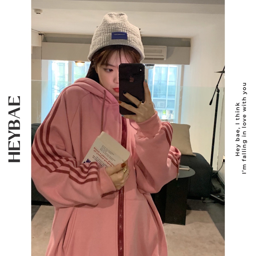 Áo hoodie nỉ vintage Marshmallow HEYBAE nỉ mỏng cotton phối sọc đáng yêu áo khoác ngoài có mũ dài tay AK048 | BigBuy360 - bigbuy360.vn