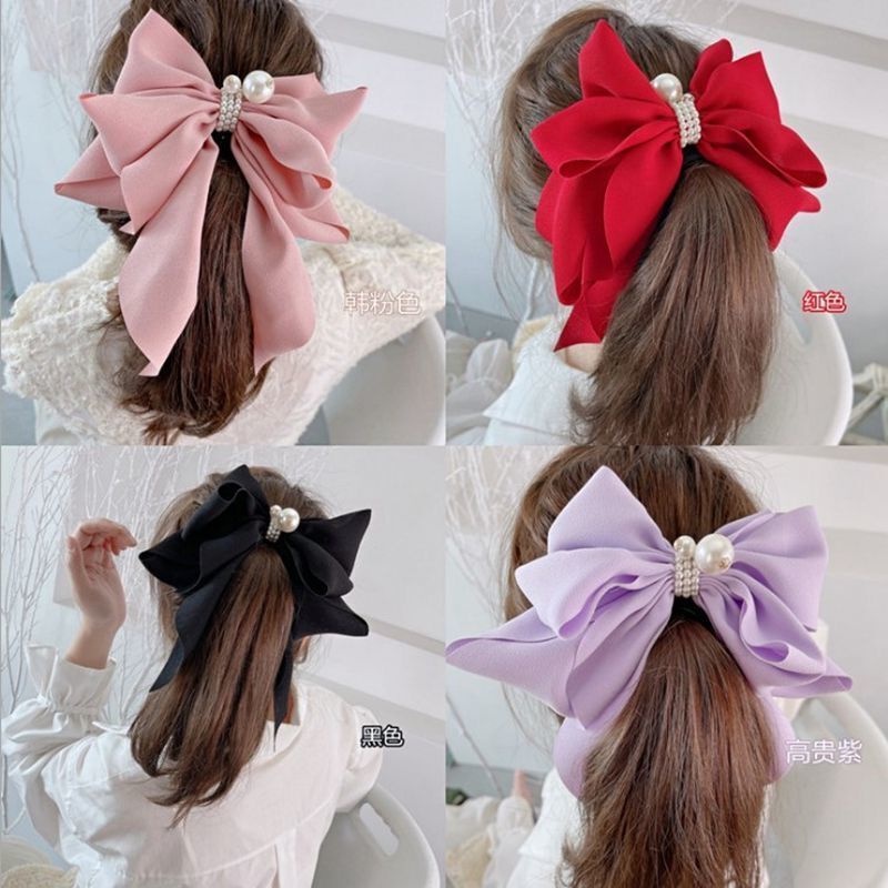 Kẹp Tóc Hình Nơ Đính Hạt Ngọc Trai Bằng Vải Chiffon Dễ Thương Dành Cho Bạn Gái