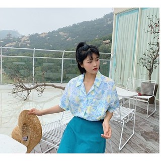 (ORDER) Áo sơ mi nữ hoa xanh cộc tay style Vintage Hong Kong mùa hè 2020
