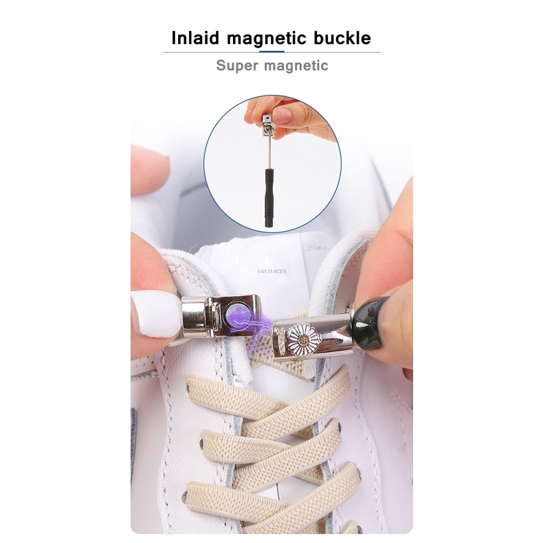 1 Bộ Khóa Dây Giày Nam Châm Co Giãn Họa Tiết Hoa Cúc Màu Đen An Toàn Dành Cho Trẻ Em