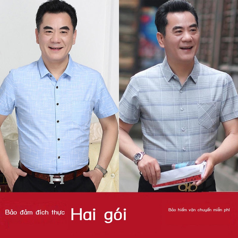 Bố mặc áo sơ mi ngắn tay mùa hè, quần áo có túi thật hoa văn cho người trung niên và cao tuổi
