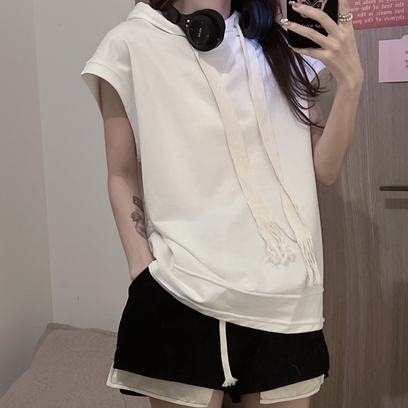 Áo Hoodie Không Tay Dáng Rộng Màu Sắc Đơn Giản Cho Nữ