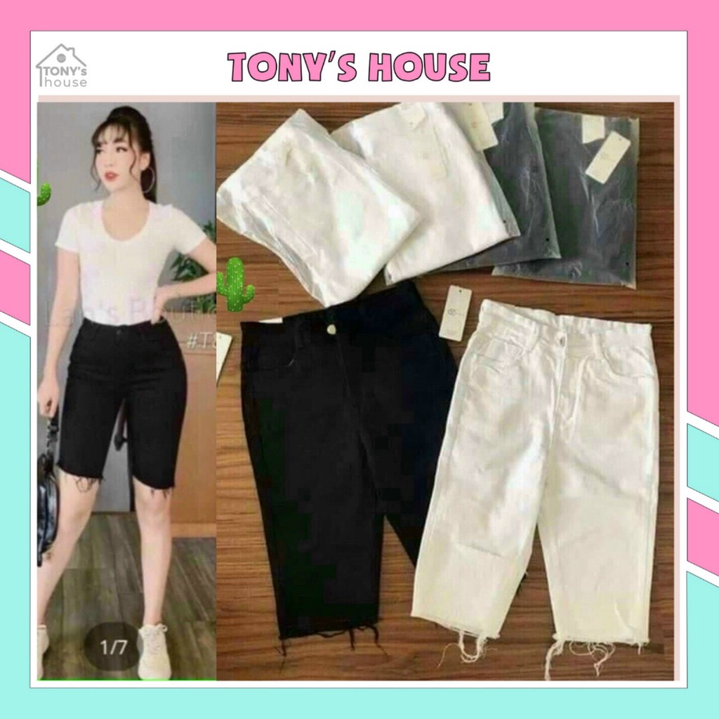 Quần lửng trắng đen nữ (size S M L) vải kaki jean co giãn lưng cao hàn quốc cá tính bụi bặm