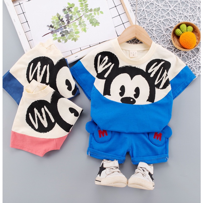 Bộ áo thun cotton tay ngắn có in họa tiết hoạt hình + quần short dành cho bé trai 0-5 tuổi