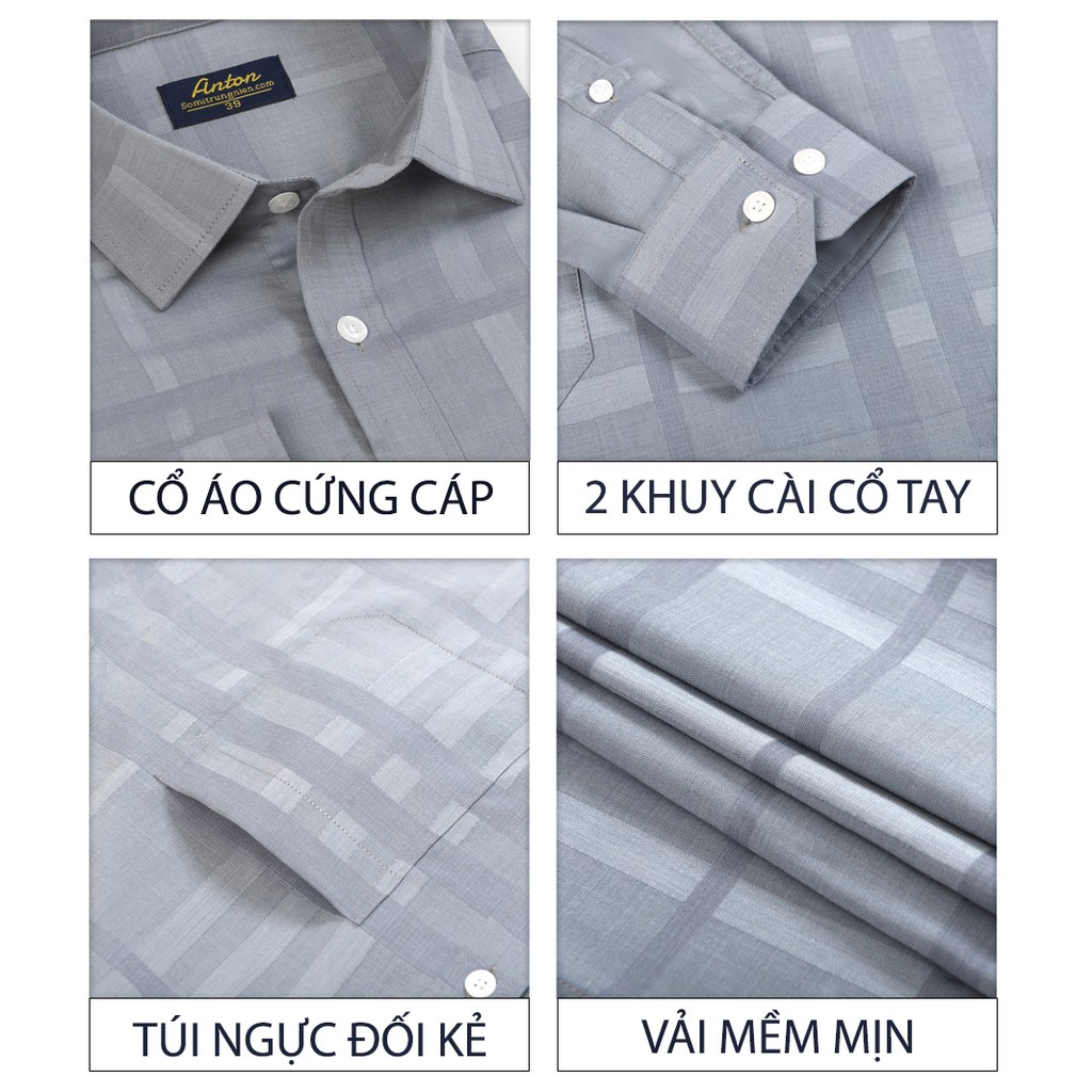 [HÀNG VIỆT NAM] Áo Sơ Mi Nam Công Sở Trung Niên Thương Hiệu Anton Dài Tay Màu Xám Ghi Họa Tiết Kẻ Caro Chìm – AT202 | BigBuy360 - bigbuy360.vn