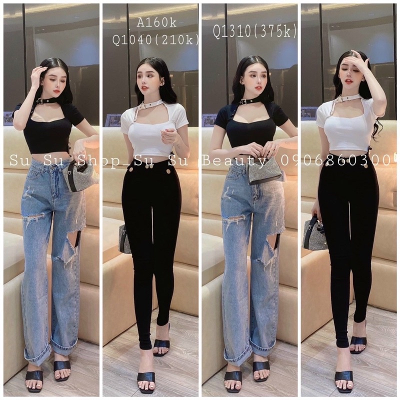 Có Mút Ngực Áo Thun Croptop Tay Ngắn Cổ U Đai Nịt