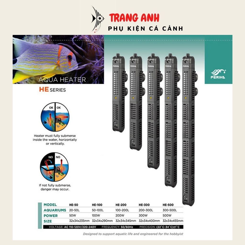 Sưởi bể cá PERIHA HE 50W, 100W, 200W, 500W cao cấp, có vỏ bọc nhựa an toàn, chống nấm mùa lạnh cho cá
