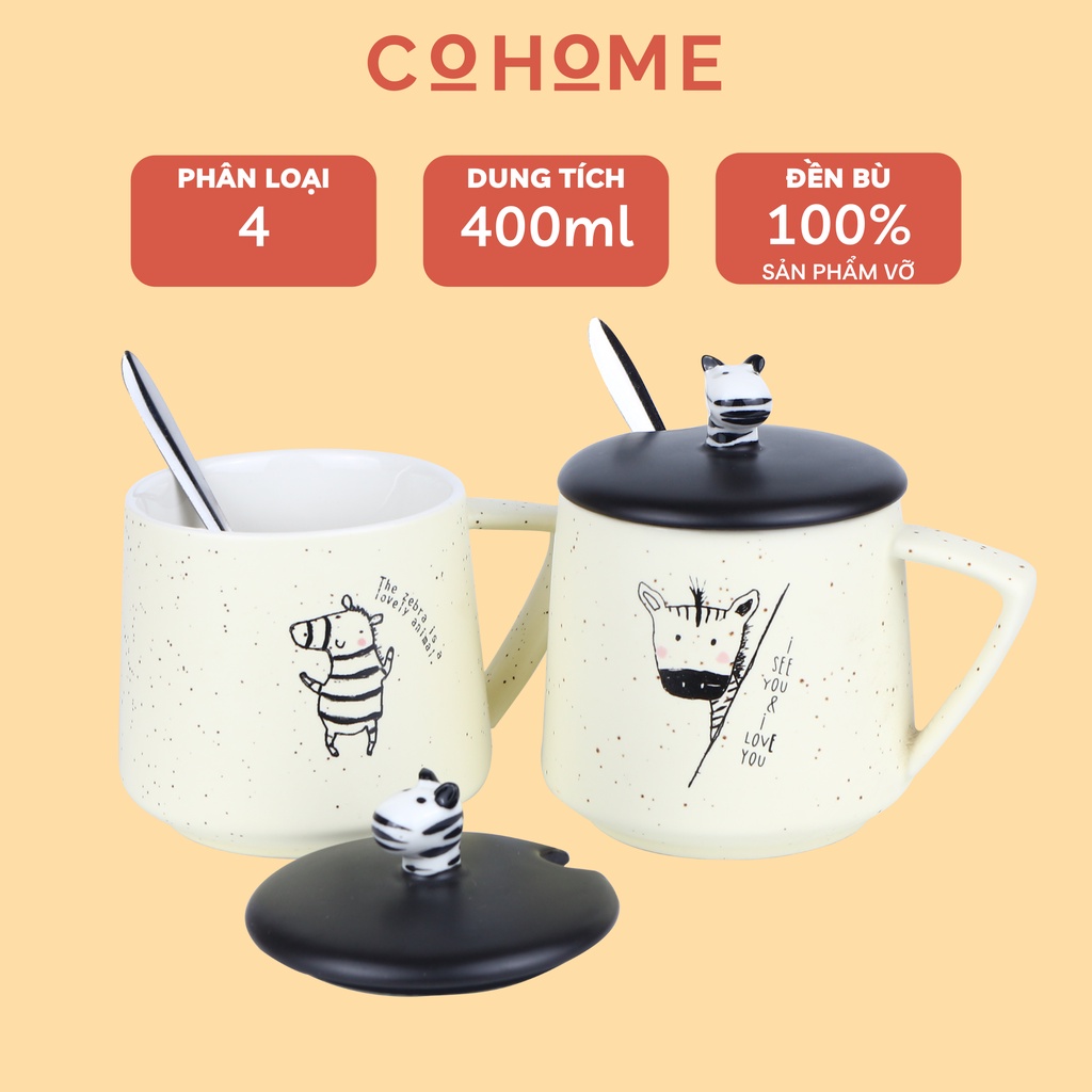 Ly sứ cốc cà phê hình ngựa vằn kèm nắp và thìa 400ml, phù hợp làm decor, quà tặng