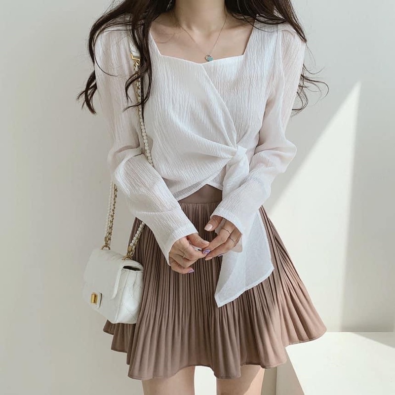 Áo Kiểu  tơ đũi Nữ dài tay cách điệu ulzzang  dáng ngắn ⚡️Hàng quảng châu  thời trang  Cổ vuông Tà lệch