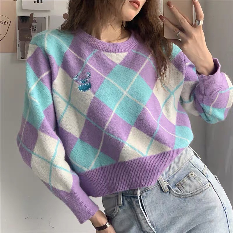 Áo len nữ Quảng Châu hoạ tiết trám dáng ngắn freesize MS382