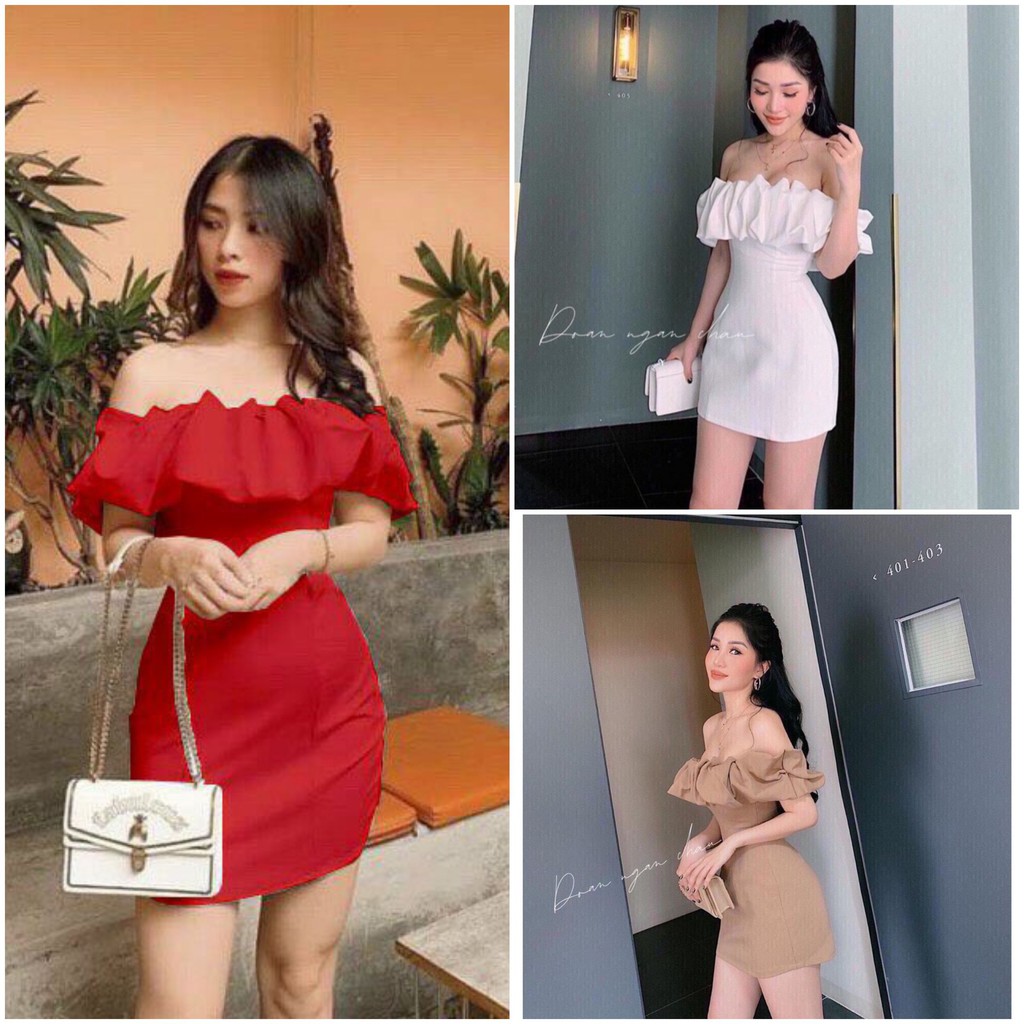 Đầm body hotgirl trễ vai xếp ly kèm mút + Ảnh thật