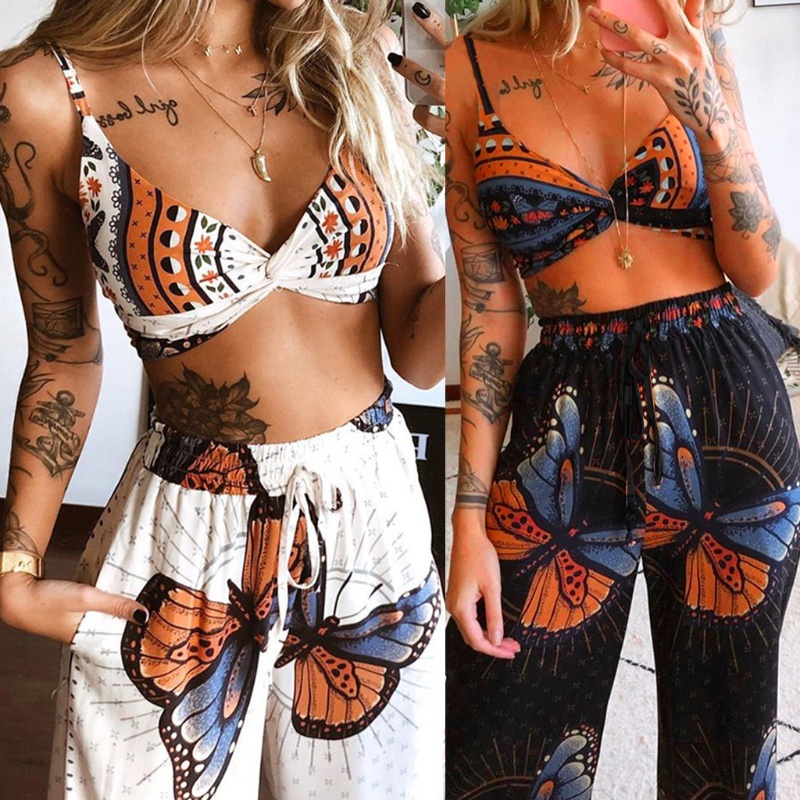 Set 2 Món Áo Croptop Cổ Chữ V + Quần Ống Rộng Họa Tiết Bướm Phong Cách Boho Thời Trang Đi Biển Cho Nữ