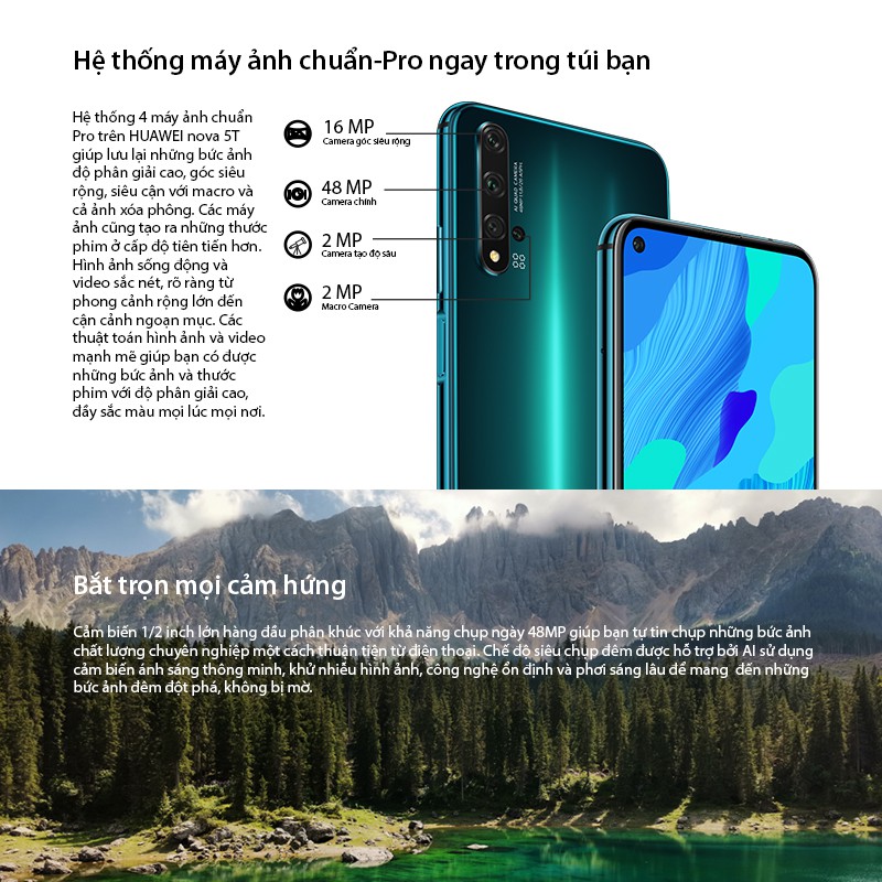 Điện thoại Huawei Nova 5T (8GB/128GB) | Chip Kirin 980 7nm 8 nhân mạnh mẽ | Bộ 4 camera sau 48 MP | BigBuy360 - bigbuy360.vn