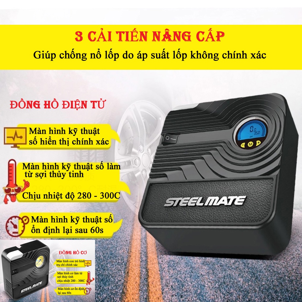 Bơm lốp ô tô 12v STEELMATE,Bơm ô tô 12v công suất 102W tự động ngắt,đèn LED chiếu sáng