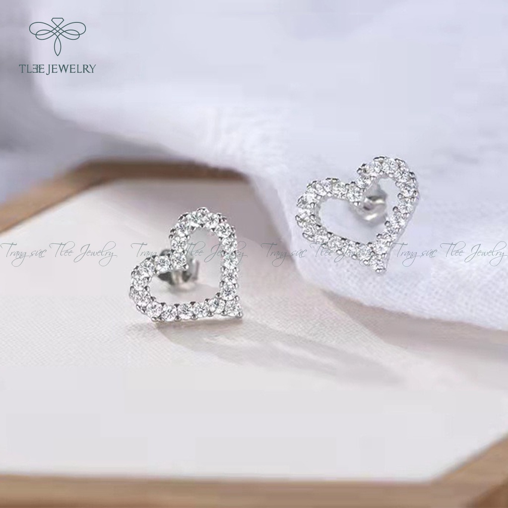 Khuyên tai bạc nữ TLEE tim rỗng nạm đá nhỏ viền lấp lánh NCJ B0198