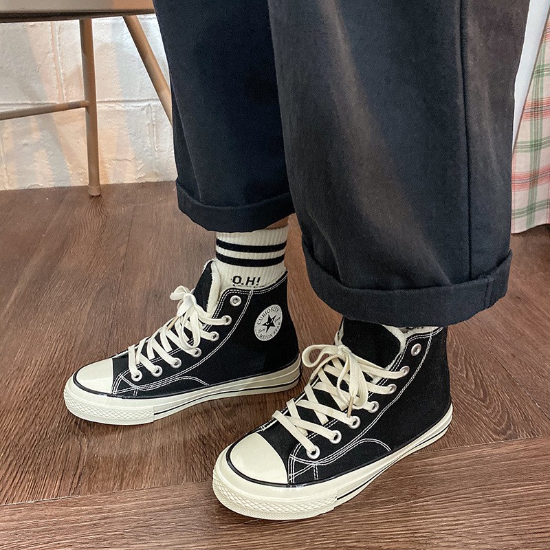 Mới Giày Thể Thao Canvas Cổ Cao Phối Nhung Thời Trang Cho Nữ 70s