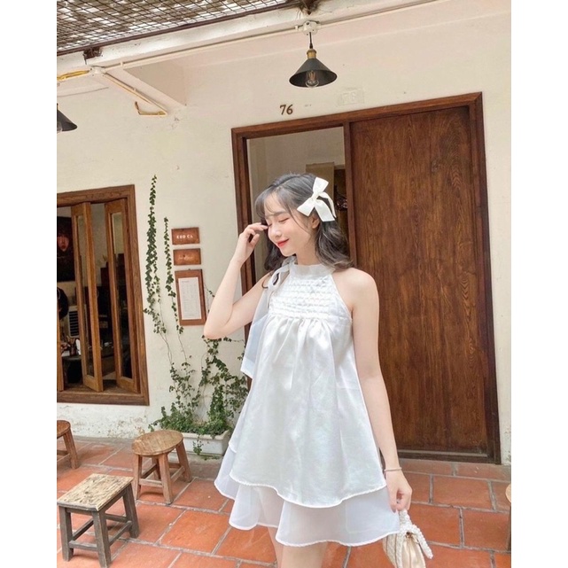 Set áo yếm cột nơ cổ trắng , chân váy cùng màu chất voan mịn 2 lớp midushop88