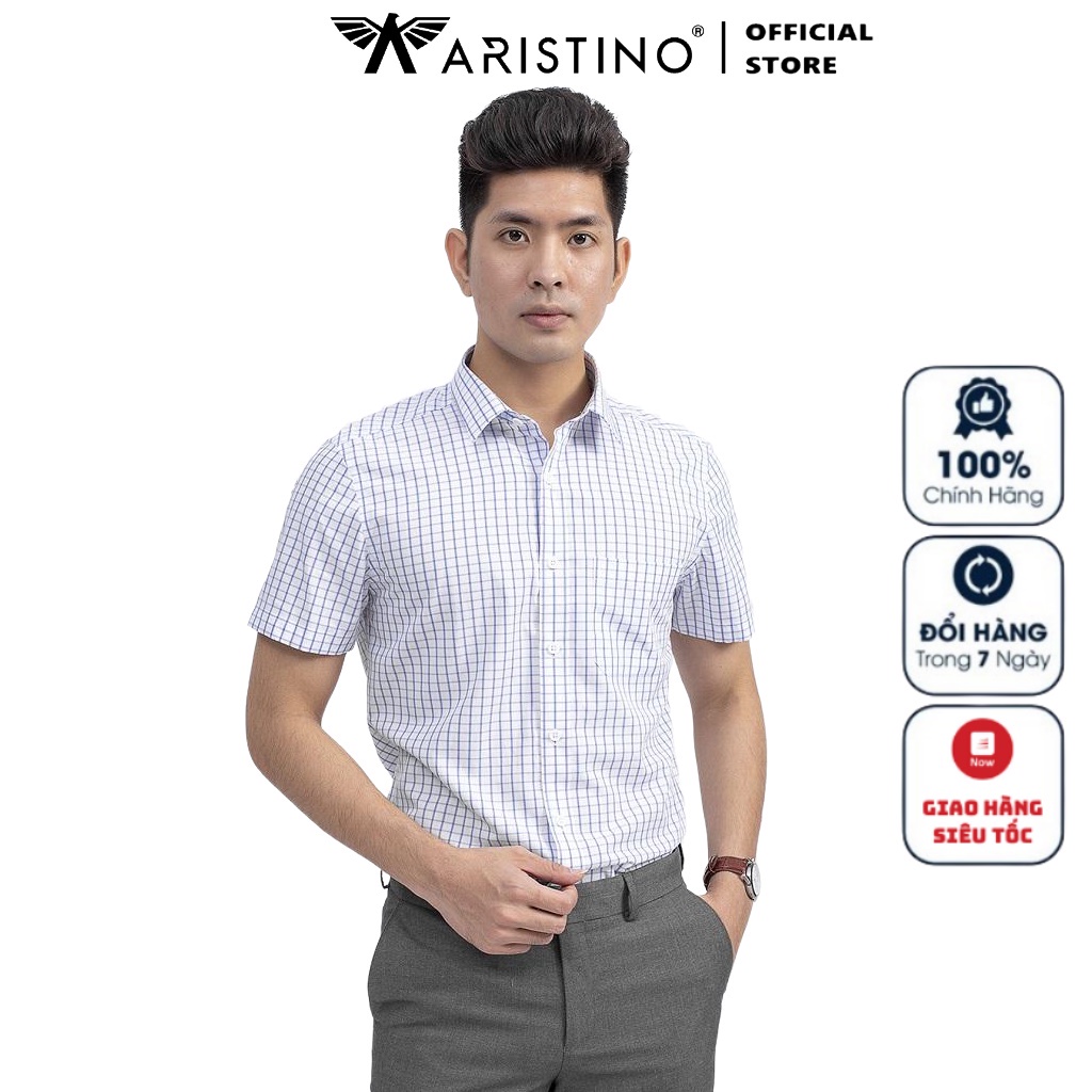 Áo Sơ Mi Nam Ngắn Tay ARISTINO ASS085S9 Somi Công Sở Cao Cấp Màu Trắng Caro Xanh Vải Sợi Tre Dáng Suông Tà Bằng Có Túi