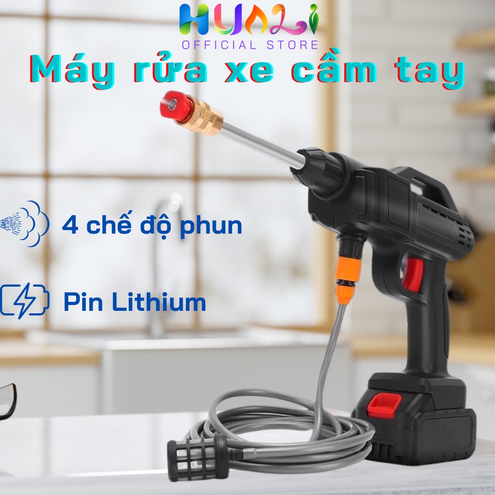 Máy rửa xe mini cầm tay dùng pin công xuất 200W Nhỏ gọn, tiện lợi