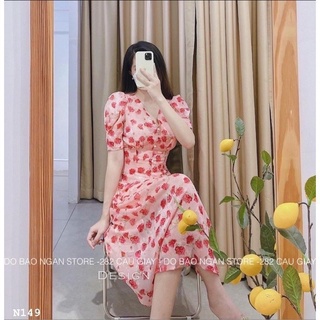 Đầm hoa hoa hồng cổ V 2 lớp bắn cúc ngọc