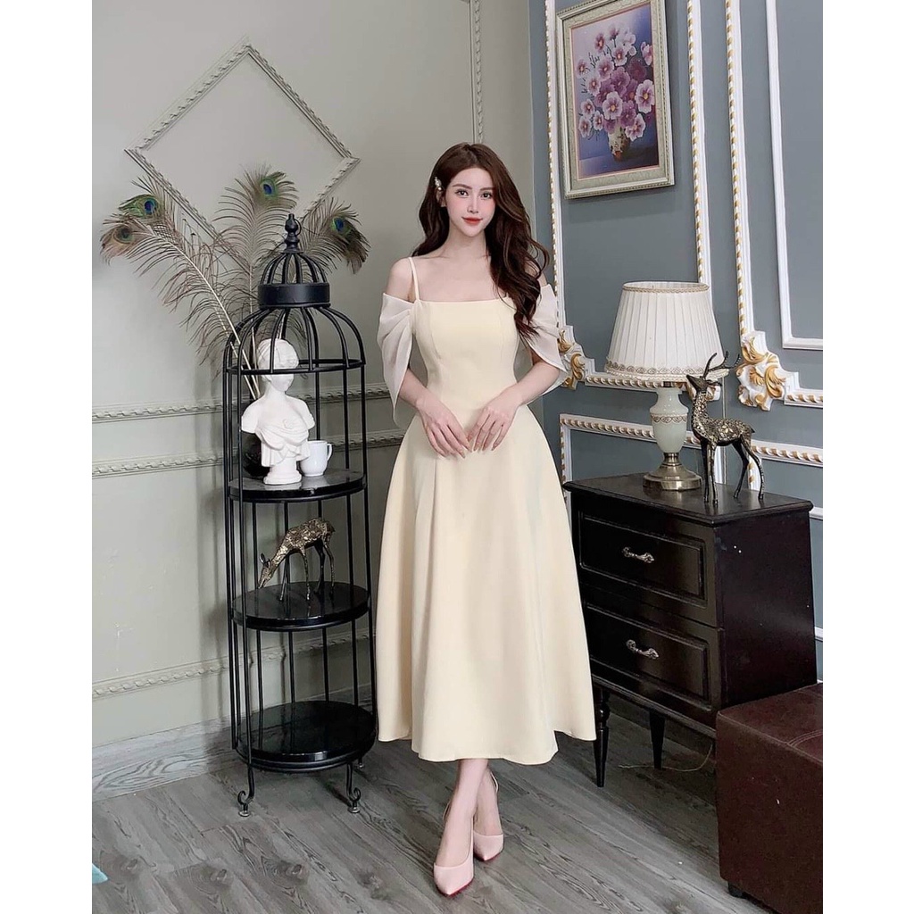 Đầm váy nữ trễ vai phối voan sang chảnh với 3 màu cực kì đẹp, dễ phối phụ kiện và tôn da cho các nàng thơ đi dự tiệc