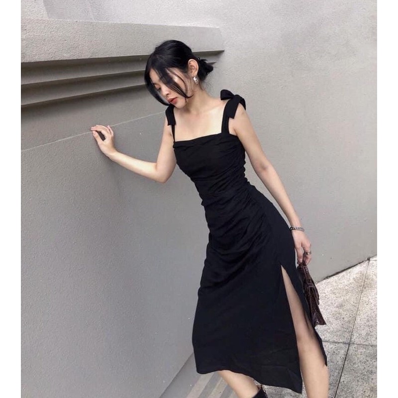 KILIG DRESS Đầm đen trắng 2 dây nơ form dài xẻ tà đùi (ảnh thật)