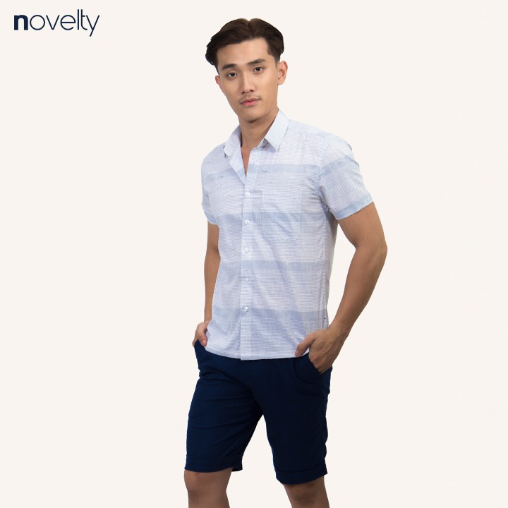 Áo sơ mi nam ngắn tay Novelty xám nhạt sọc ngang NSMMINMT3D200155N