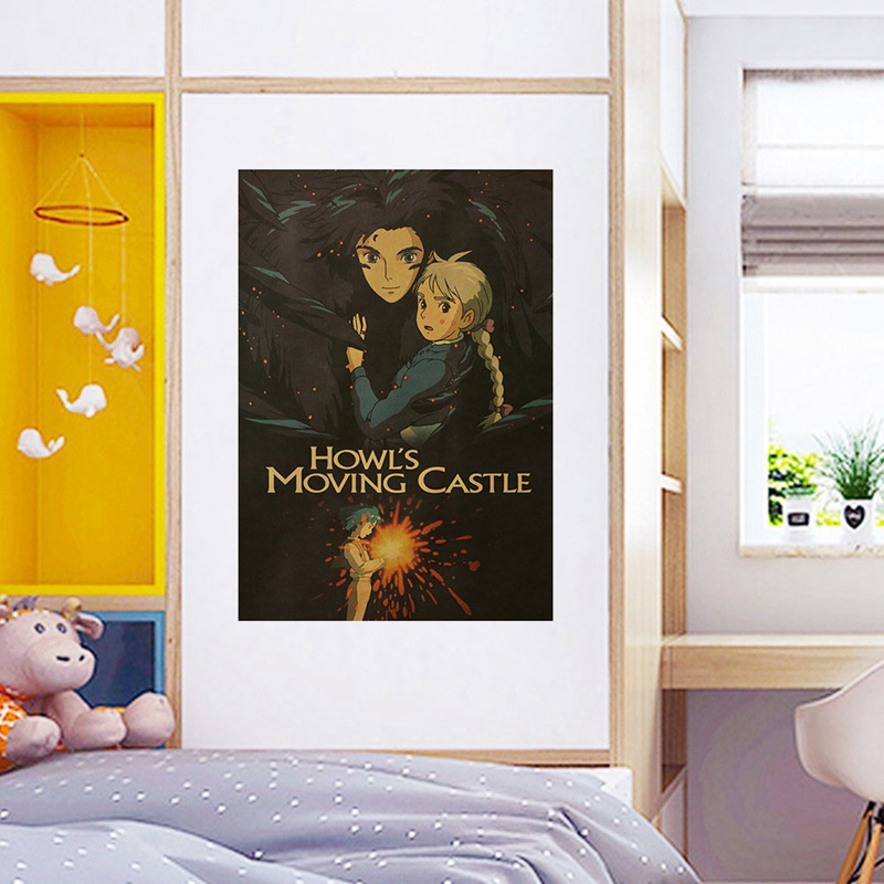 Poster trang trí tường phòng trẻ em hình hoạt hình Howl's Moving Castle retro