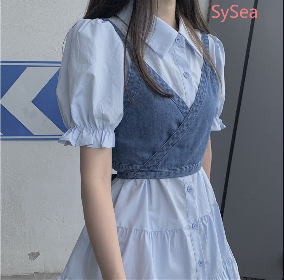 Đầm tay phồng/Áo hai dây vải denim kiểu retro xinh xắn cho bạn gái | BigBuy360 - bigbuy360.vn