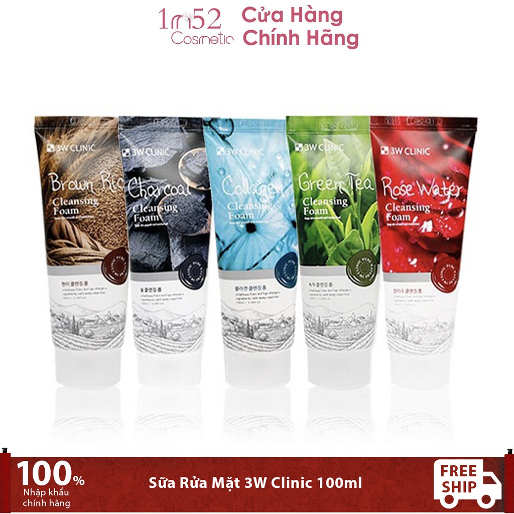 Sữa Rửa Mặt 3W Clinic Trà xanh/ Gạo/Collagen/Hoa Hồng/ Than Hoạt Tính 100ml
