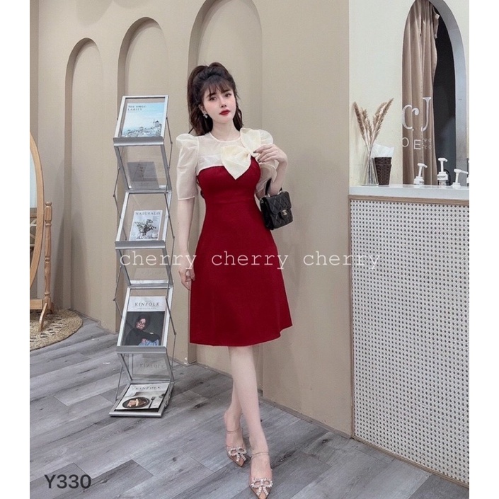 VN638 - VÁY MANGO PHỐI CỔ TƠ LỤA NƠ TO