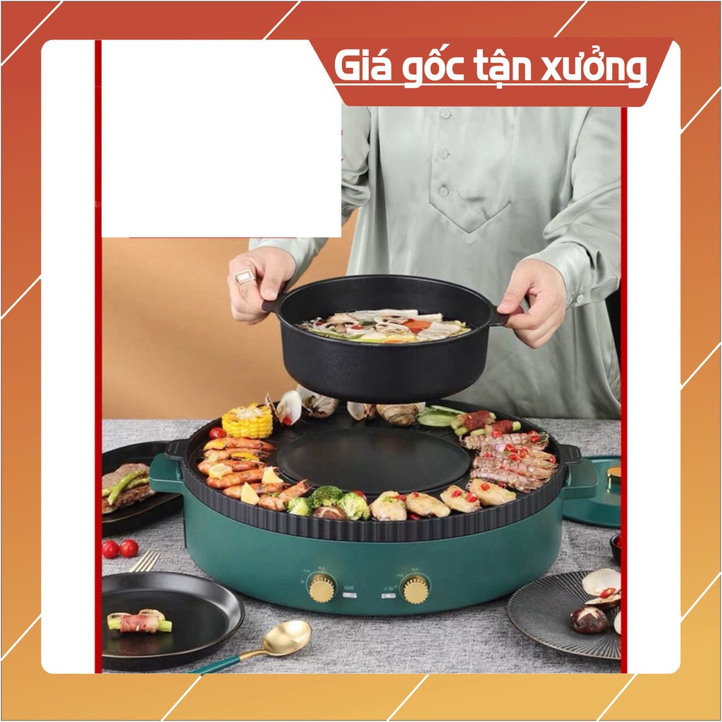 Bếp lẩu nướng 2 in 1 -bếp nướng điện nồi lẩu điện- có 2 mâm nhiệt độc lập công suất lớn