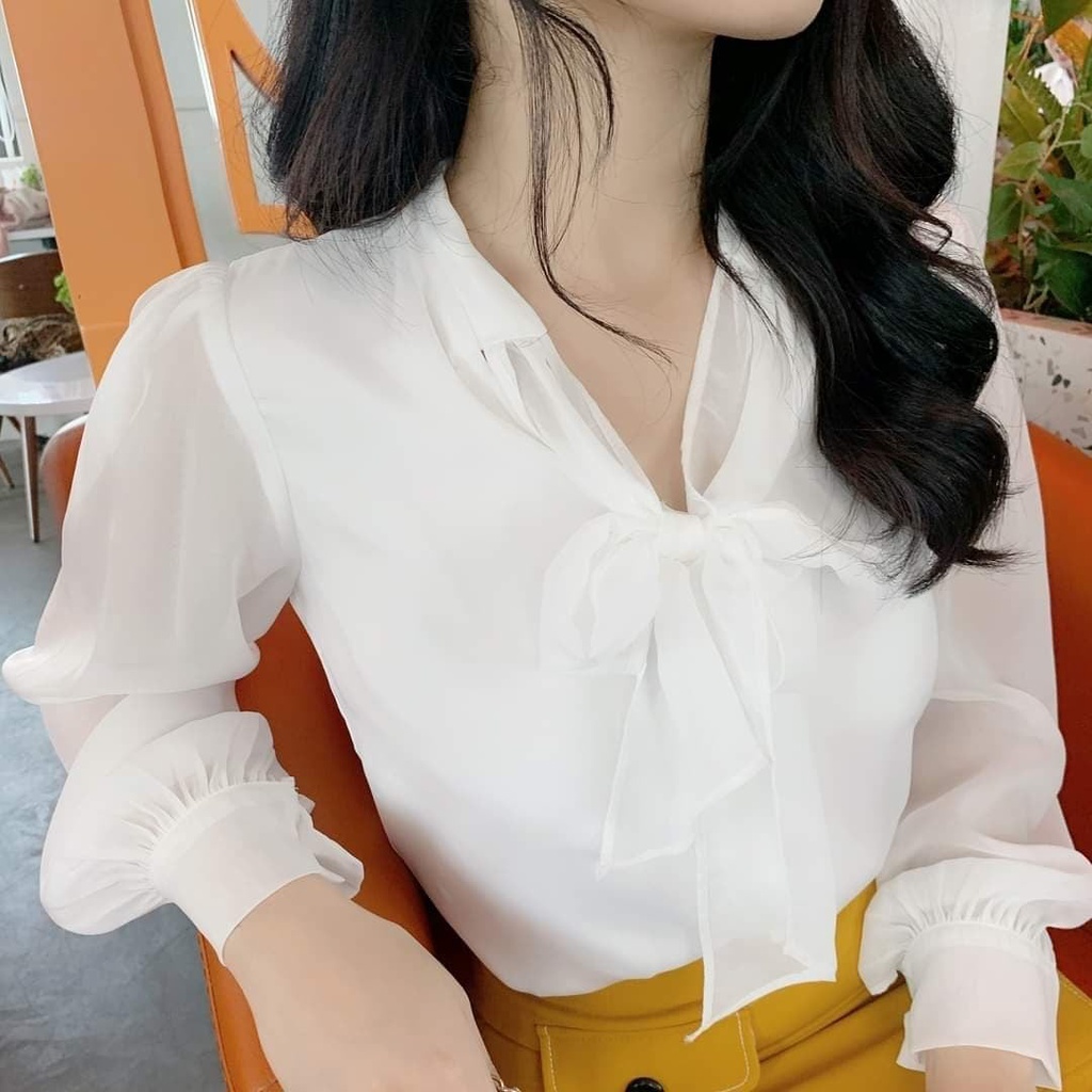 Áo sơ mi tơ trắng cổ phối nơ