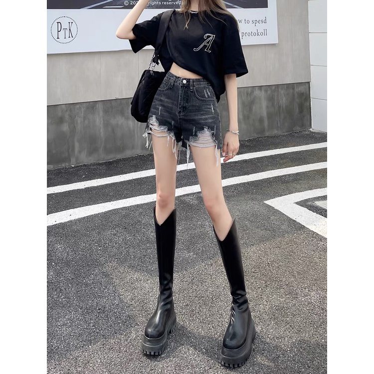 Quần short jean nữ BigSize lưng cao trên rốn, co dãn mạnh, tua lai, màu XÁM ĐEN rách bụi dành cho người mập 4342 MLJ