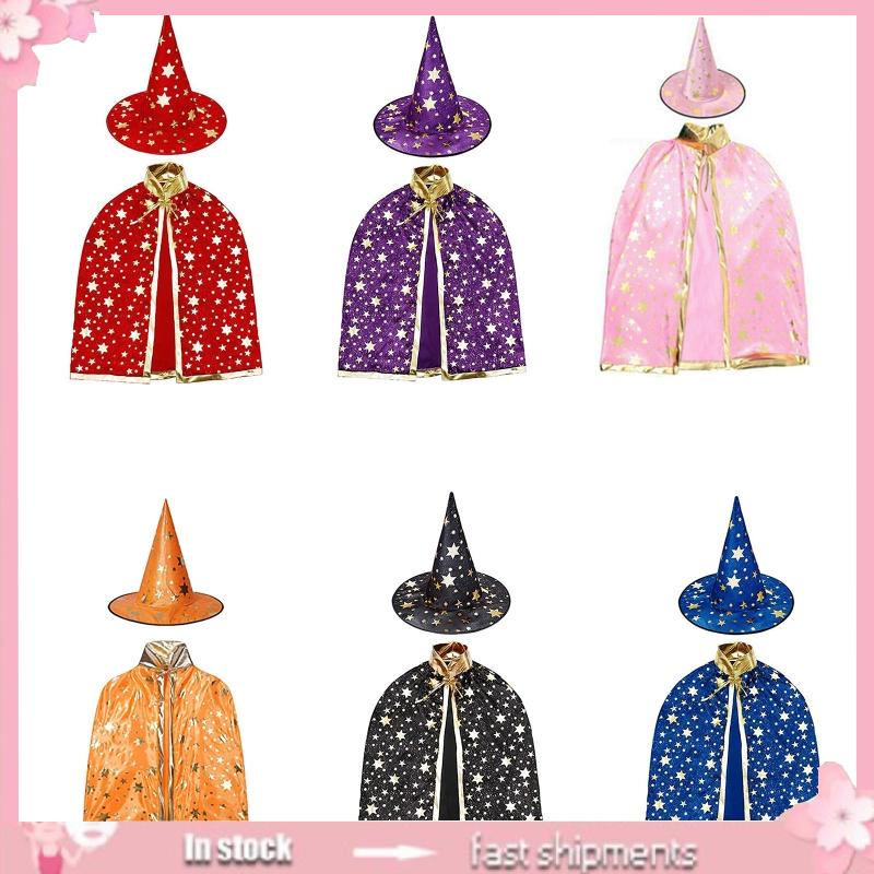Set 2 Món Đồ Hóa Trang Phù Thủy Gồm Nón + Áo Choàng Hóa Trang Halloween Cho Bé