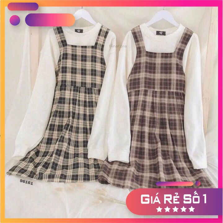 [Rẻ Vô Địch Set Váy Yếm Kẻ Caro Mới + Áo CroptopTay Bồng Ullzzang Ảnh Thật