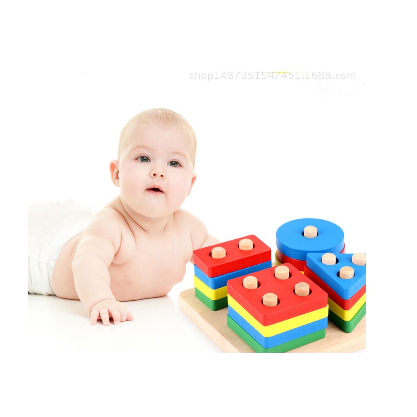 ĐỒ CHƠI GỖ MONTESSORI 4 CỌC HÌNH KHỐI Thông Minh MS11