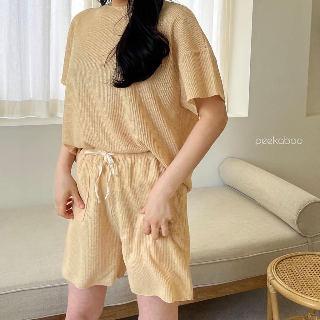 Đồ bộ quần áo cộc tay hachi bé trai gái baby chất len lưới thêu nhẹ mềm mát PEEKABOO Hàn Quốc thời trang trẻ em 2022