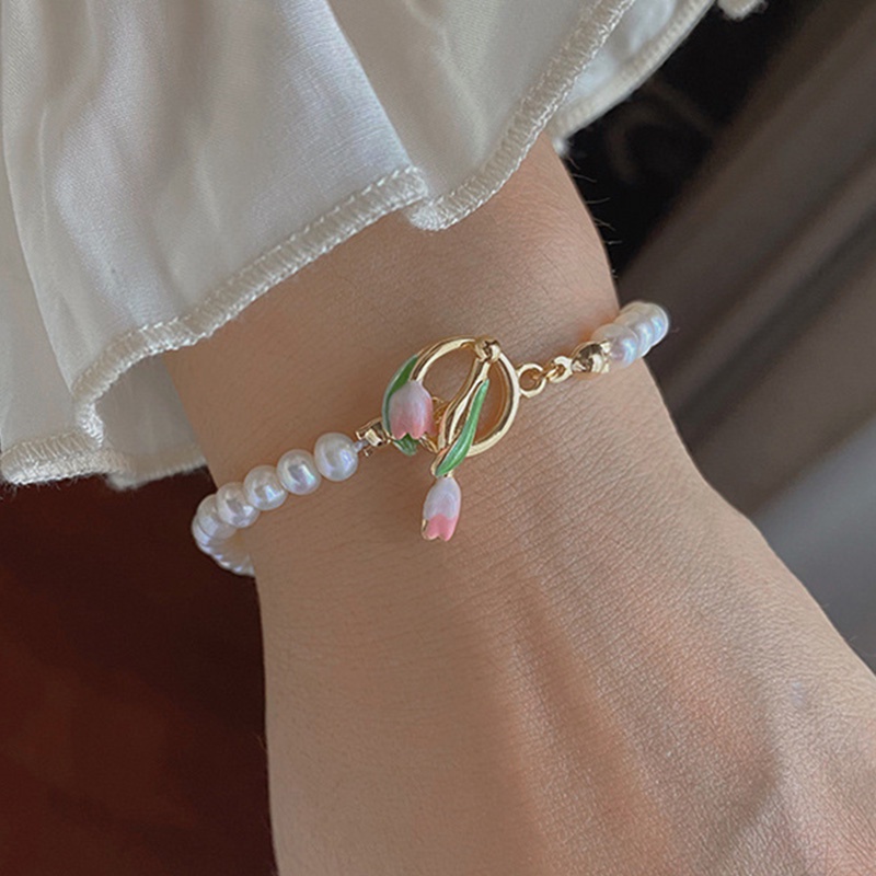 Vòng Tay Hoa Tulip Đính Ngọc Trai Đơn Giản Thời Trang Hàn Quốc