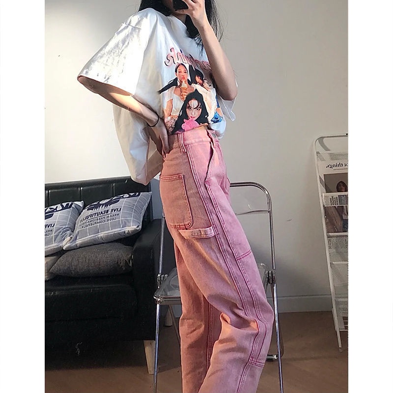 Quần Jean Dài Dáng Rộng Màu Hồng Nhạt Phong Cách Hip Hop Thời Trang Xuân Thu Cá Tính Cho Nữ