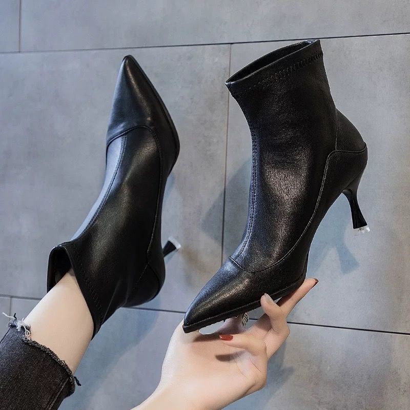 🔥Hot sale！Giày bốt trẻ em 2020 mùa xuân và thu mới cao gót mũi nhọn phụ nữ đàn hồi mỏng ống giữa đơn ' , *