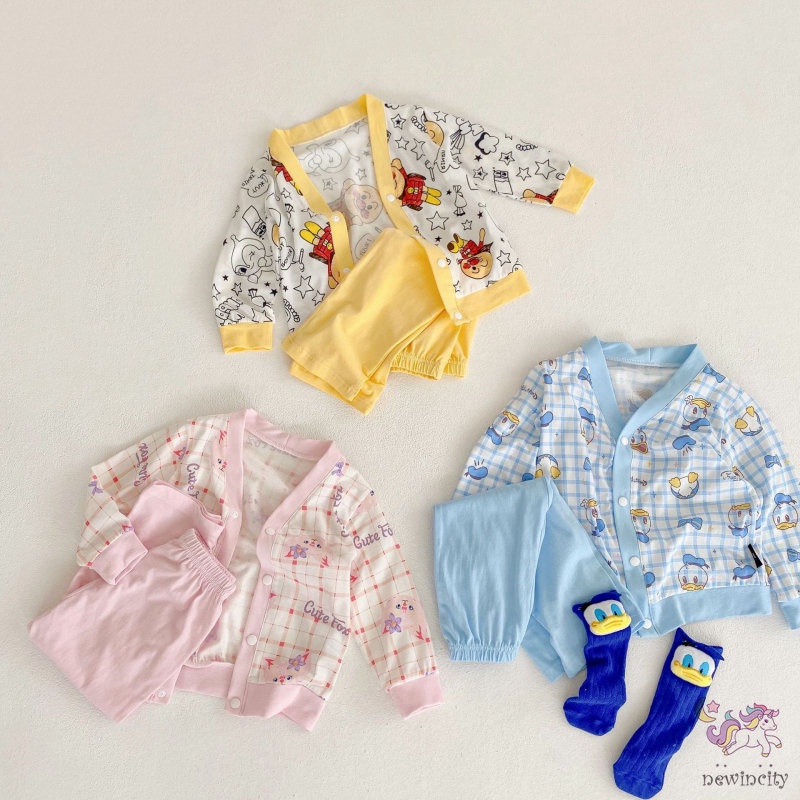 Bộ Áo Cardigan Tay Dài Cài Nút + Quần Dài In Họa Tiết Hoạt Hình Phong Cách Hàn Quốc Thời Trang Mùa Thu Cho Bé Trai Và Gái