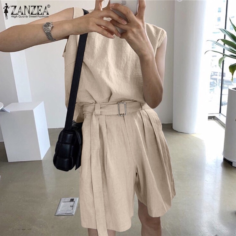 Set áo sát nách Zanzea cổ tròn + quần short lưng thun thời trang Hàn Quốc cho nữ