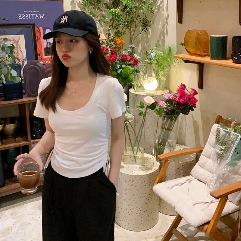 Áo Croptop Rút Dây Tay ngắn cá tính ôm sexy, áo cổ U dây rút A119